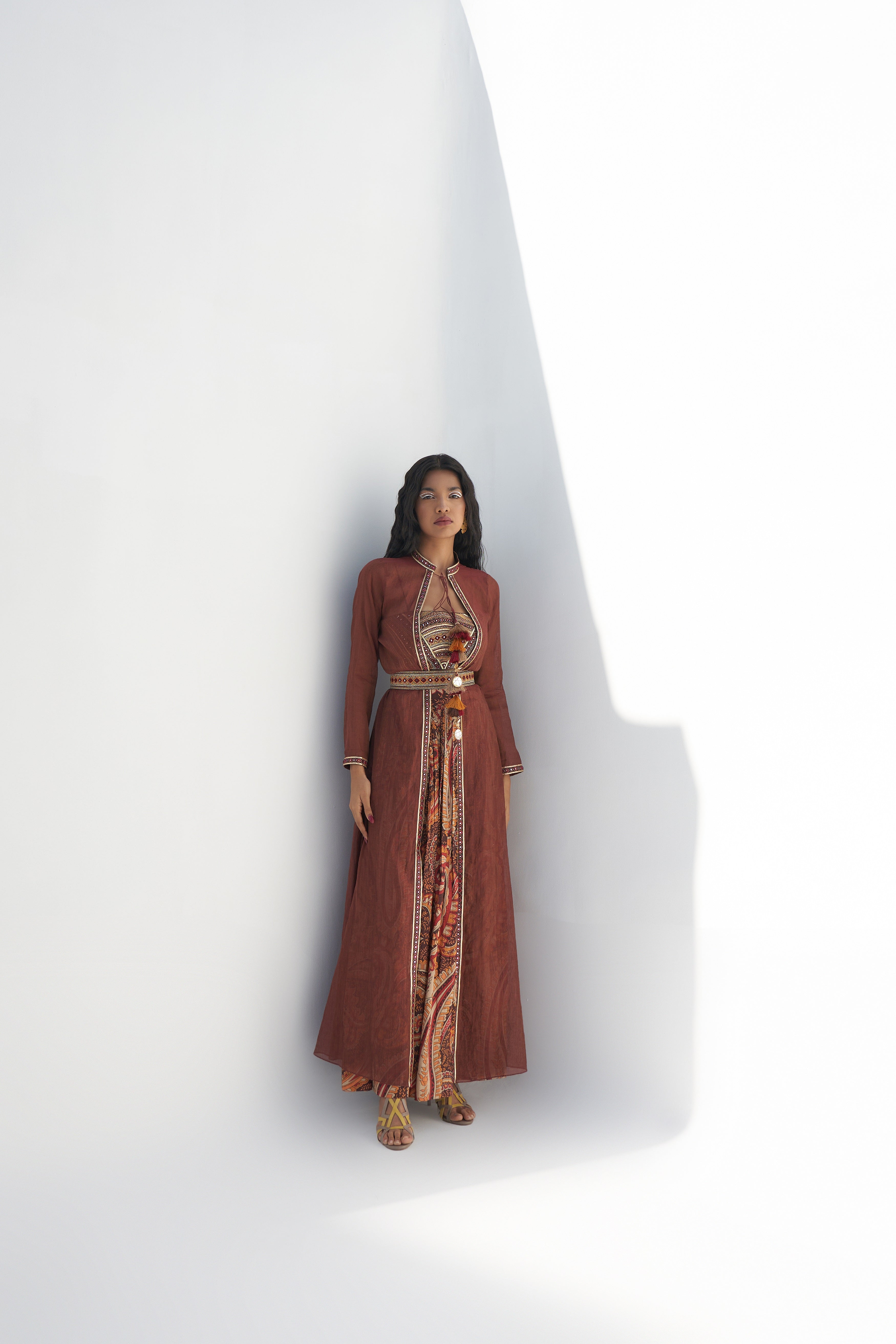 Brown Chanderi Embroidered Jacket