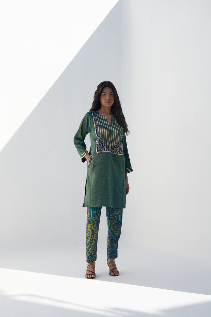Green Printed Dupion Pants frontview