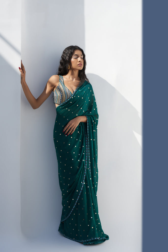 Emerald Green Embroidered Saree frontview