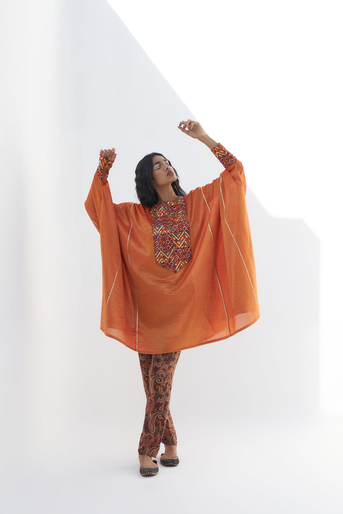 Orange Tissue Embroidered Tunic Dress Frontview