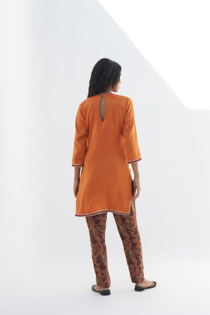 Orange Tissue Fabric Knee Length Kurta Backview