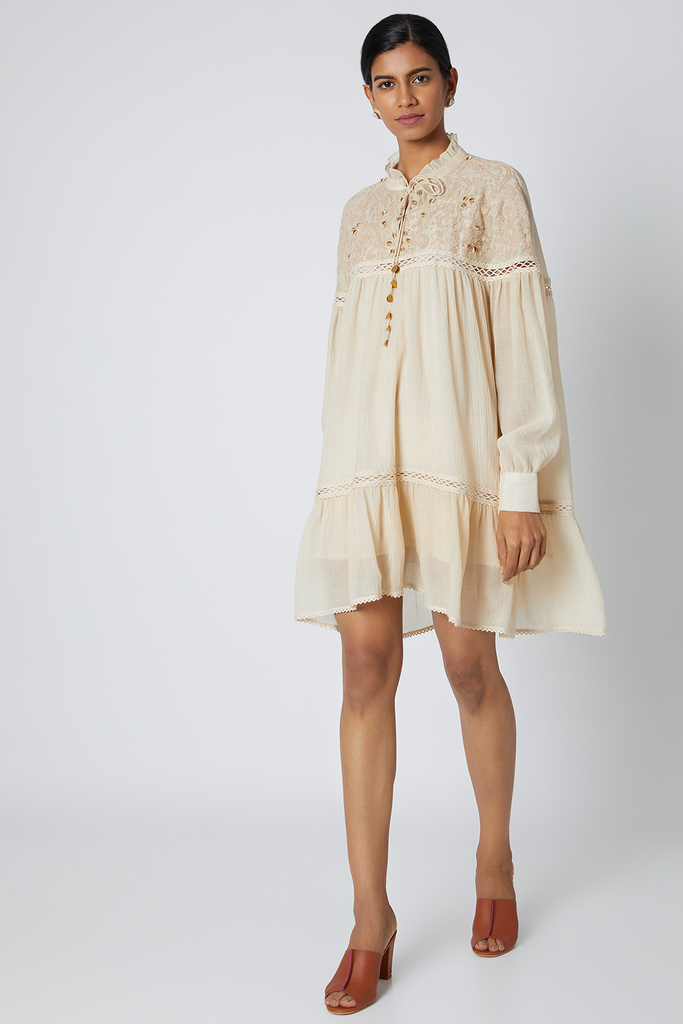 Beige Embroidered Dress With Tassels Frontview
