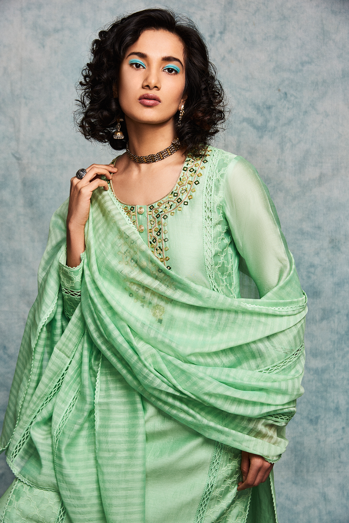 Sage green chanderi silk a line kurta set with pants and dupatta Clsoeview