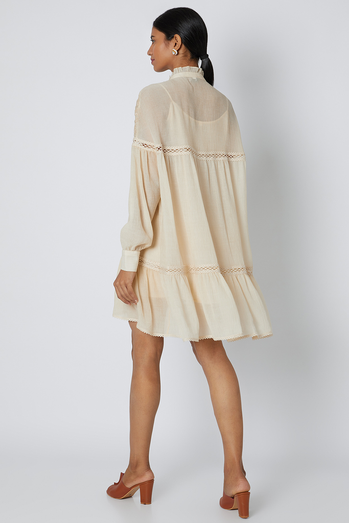 Beige Embroidered Dress With Tassels Backview