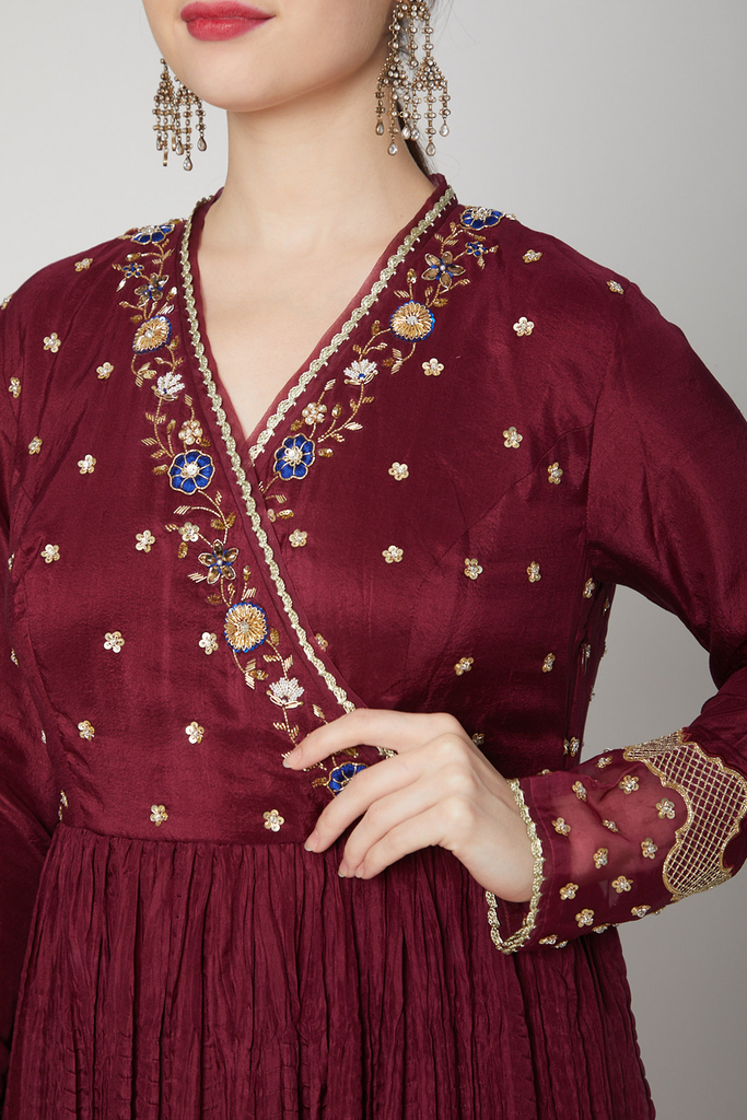 Women's Maroon Anarkali Gown with Dupatta  Clsoeview