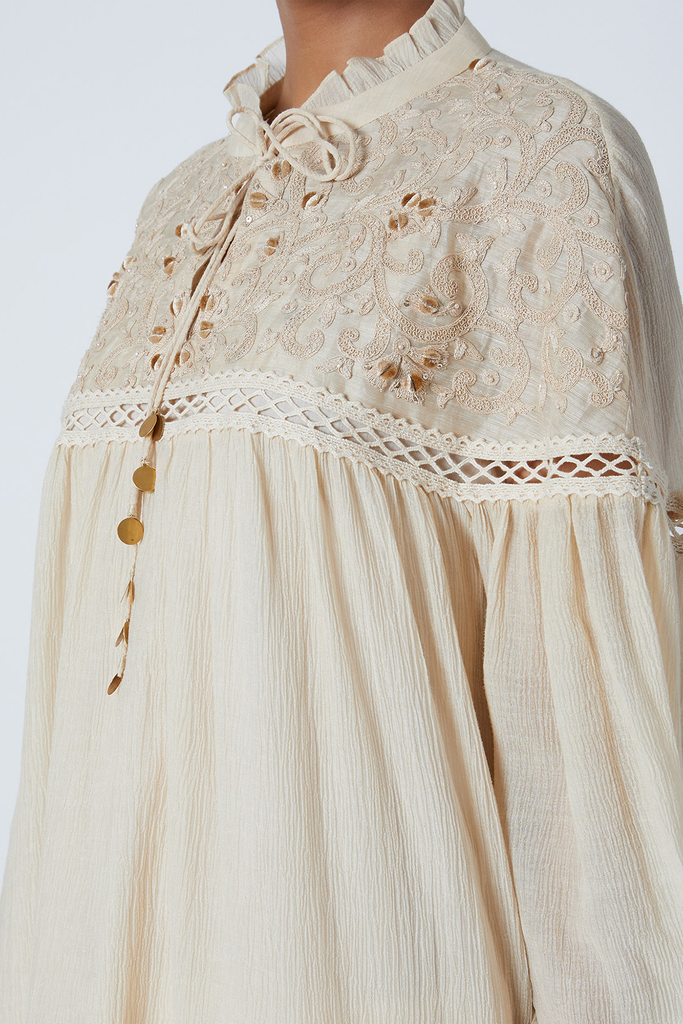 Beige Embroidered Dress With Tassels Sideview