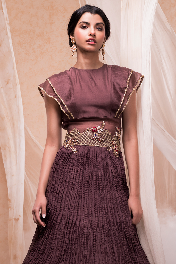 Shop Muslin Embroidered Readymade Gown in Brown Online : 271234 -