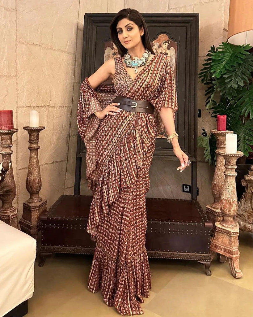 Brown Printed & Embroidered Saree Set Frontview