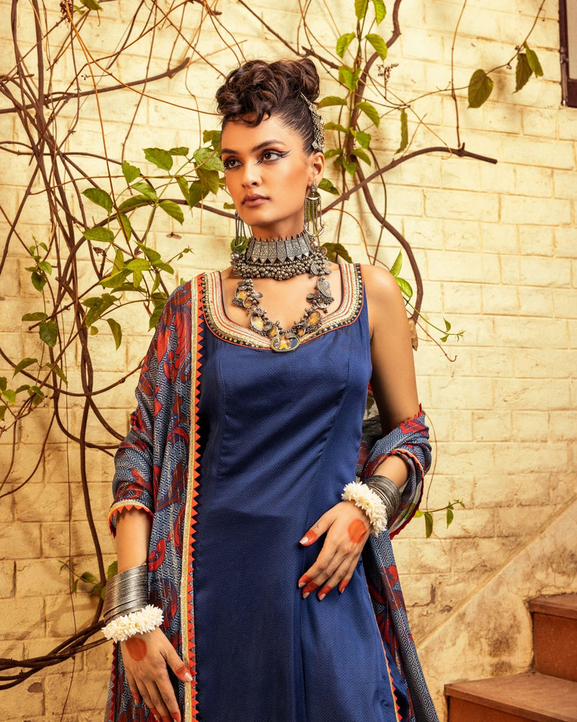 Blue Printed  & Embroidered Kurta set Frontview