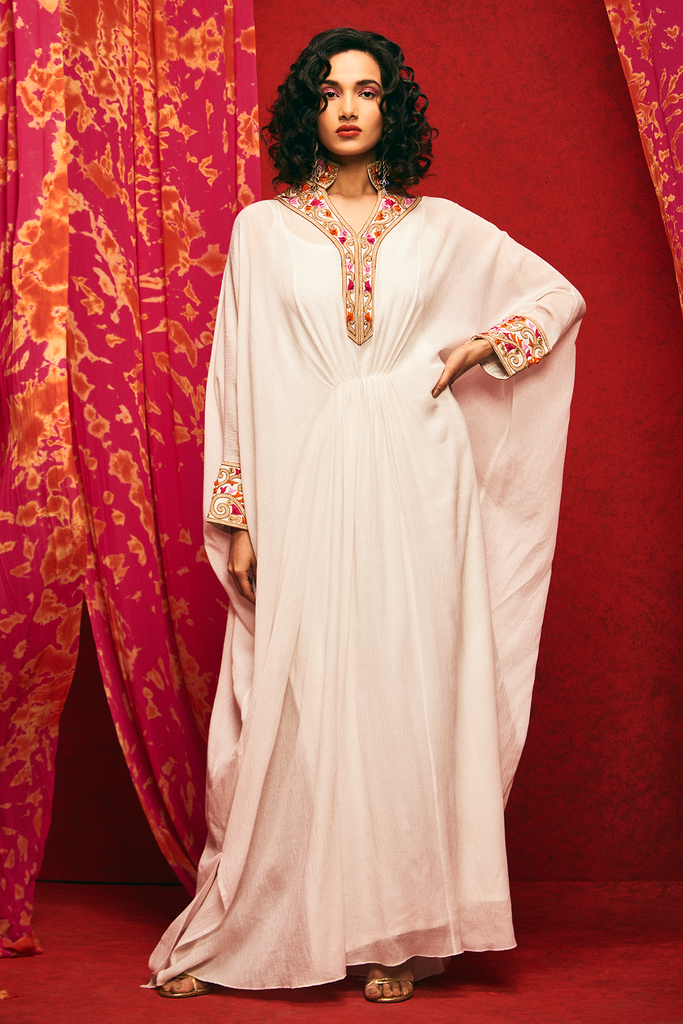  White Embroidered Kaftan Dress  Frontview