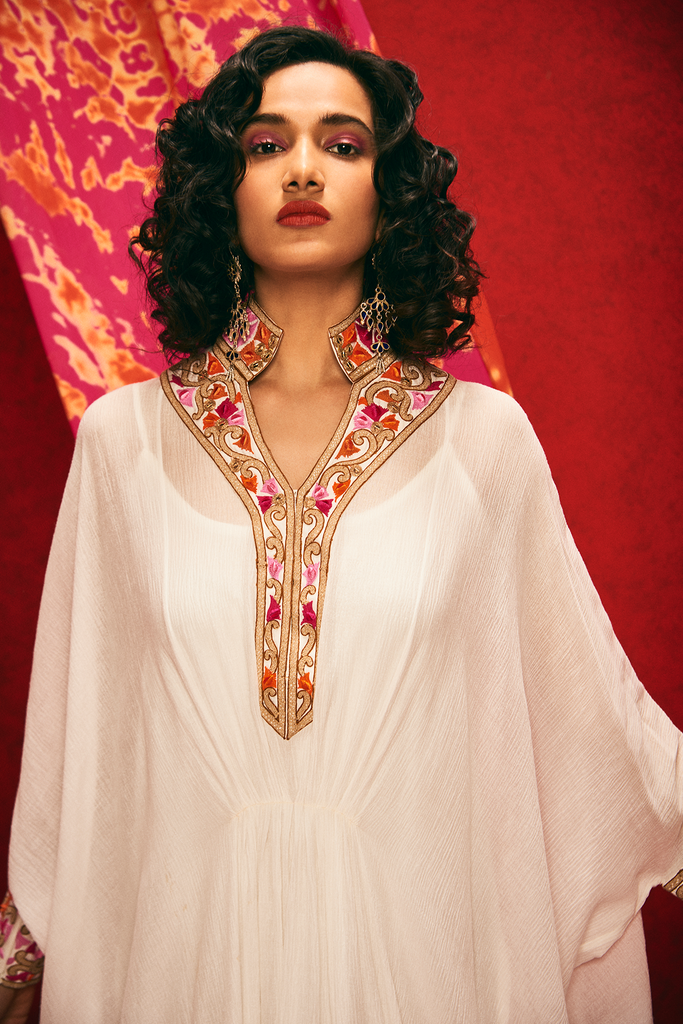  White Embroidered Kaftan Dress Closeview