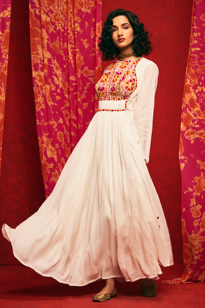  White Cotton Crush Anarkali Dress