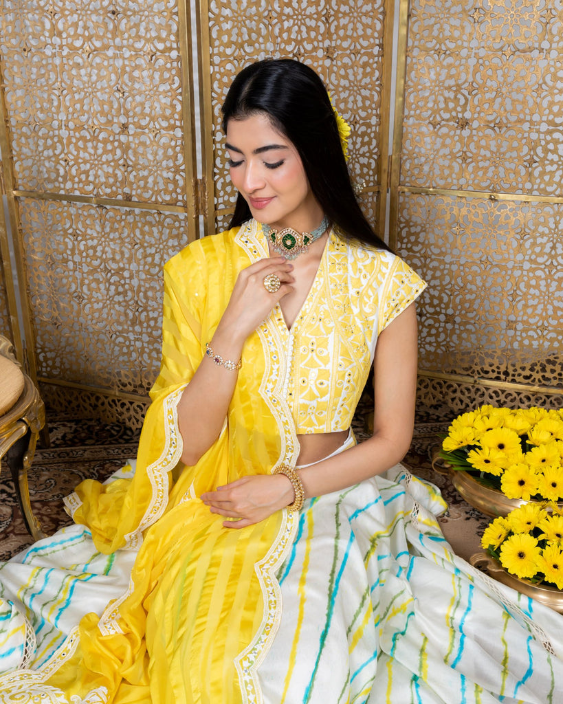 Women's Yellow-White Embroidered Lehenga Set