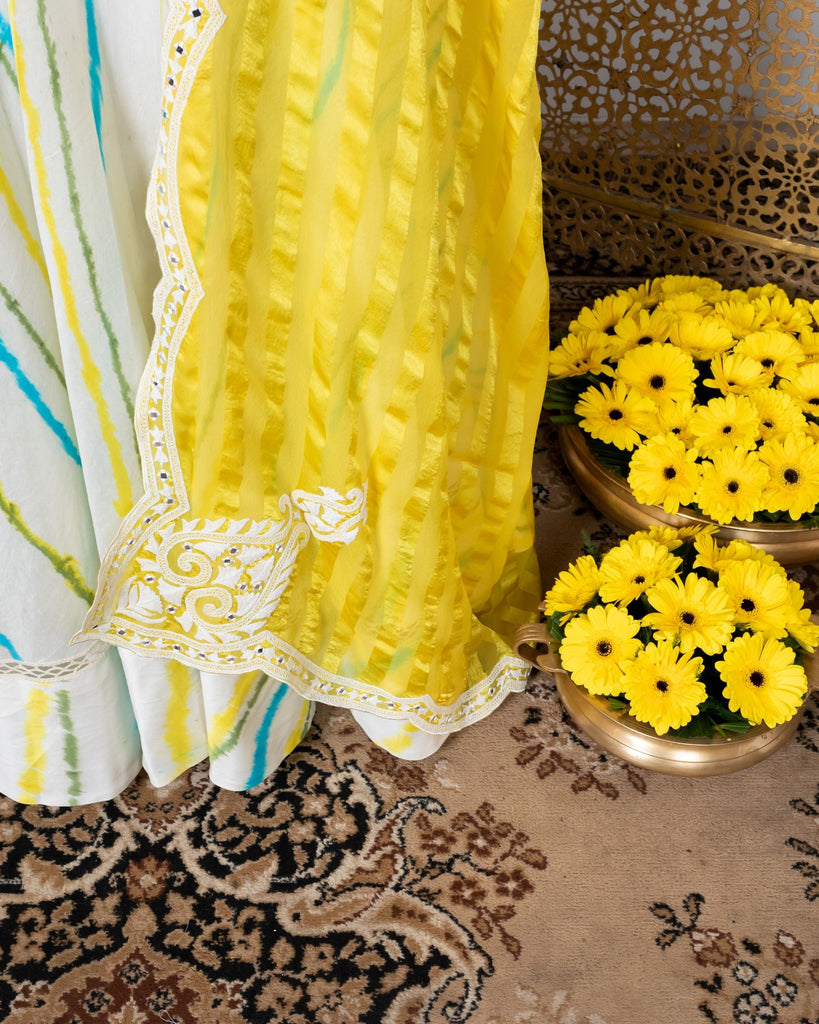 Yellow-White Embroidered Tie-dye Lehenga Set