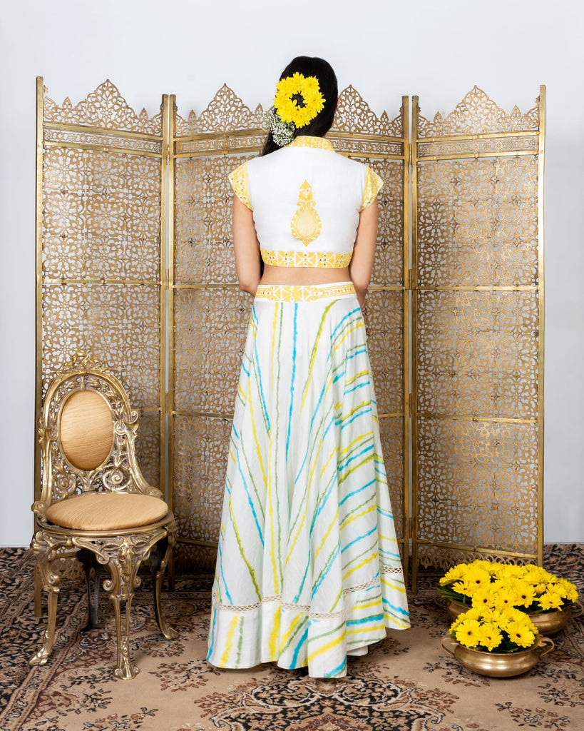 Yellow-White Embroidered Tie-dye Lehenga Set Backview