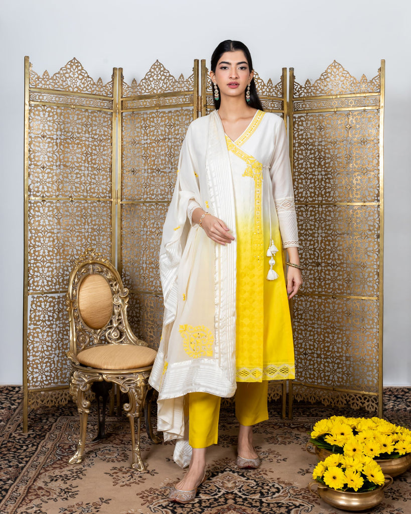 Yellow-white embroidered angarakha kurta