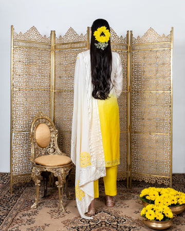 Women's Yellow-White Embroidered Kurta Set Nadima Saqib