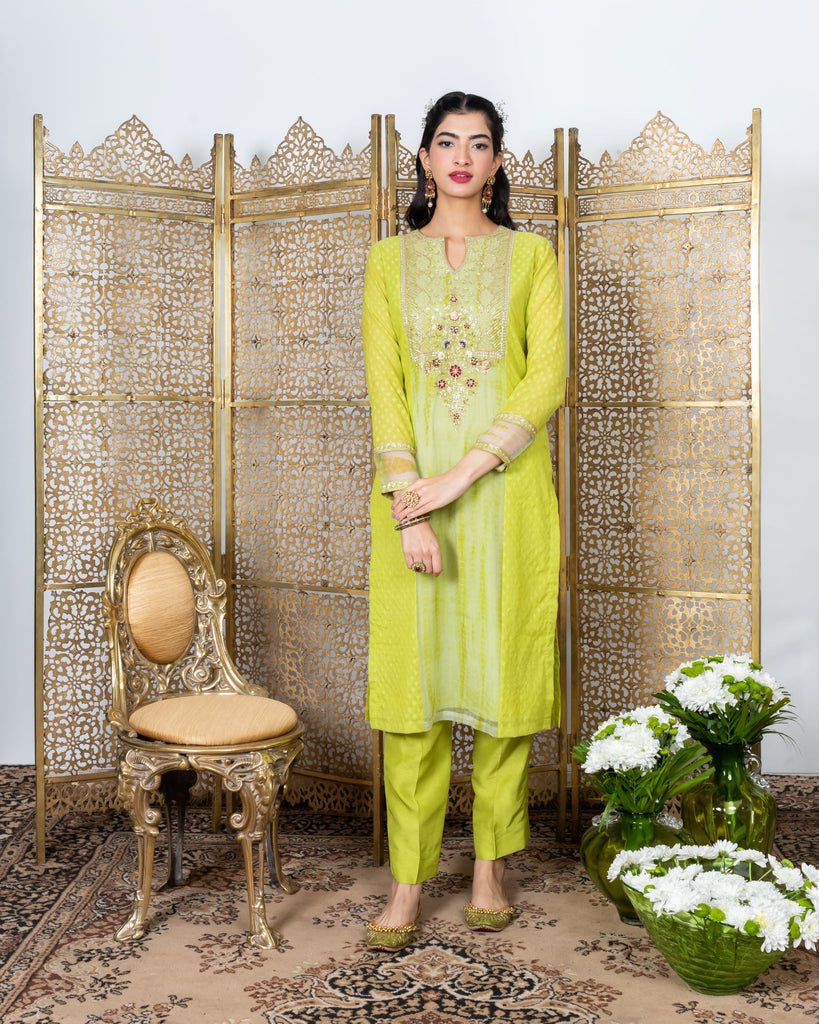 Green Embroidered Kurta with straight pants