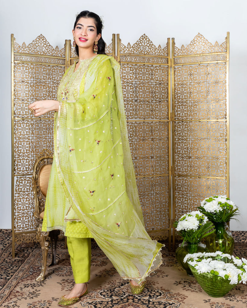 Green Embroidered Kurta with straight pants