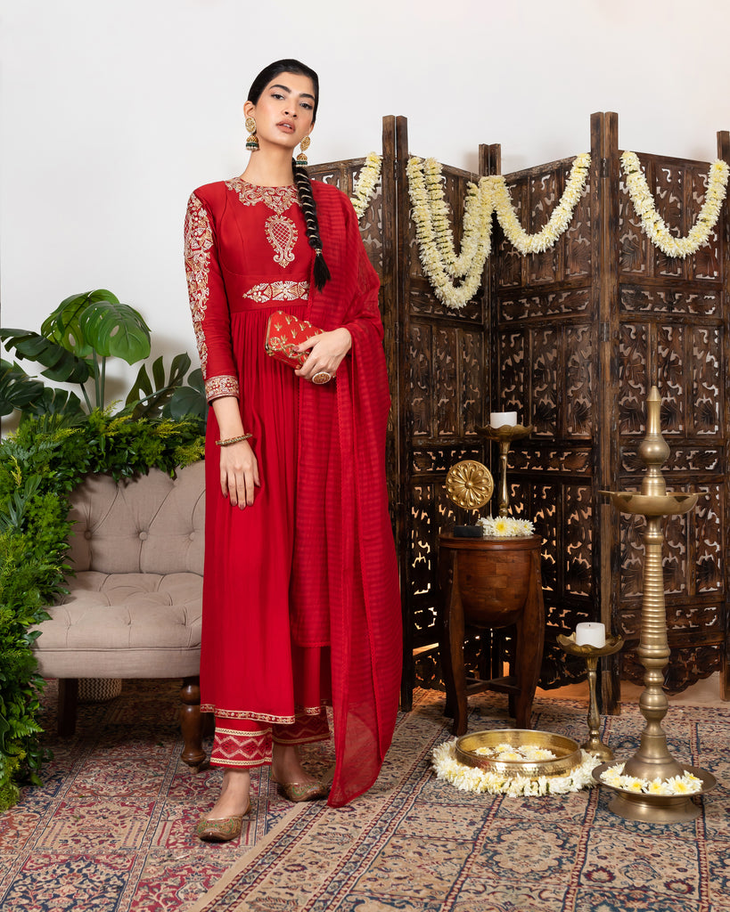 Red Anarkali with embroidered yoke, sleeves