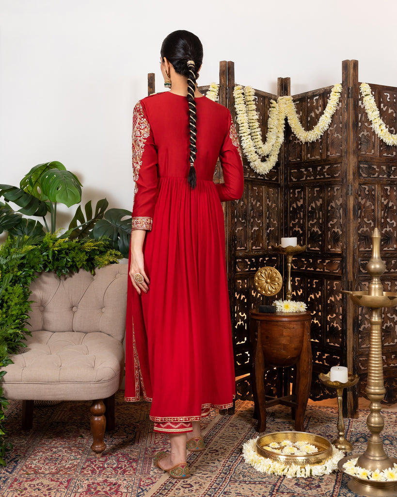 Red Anarkali with embroidered yoke, sleeves backview