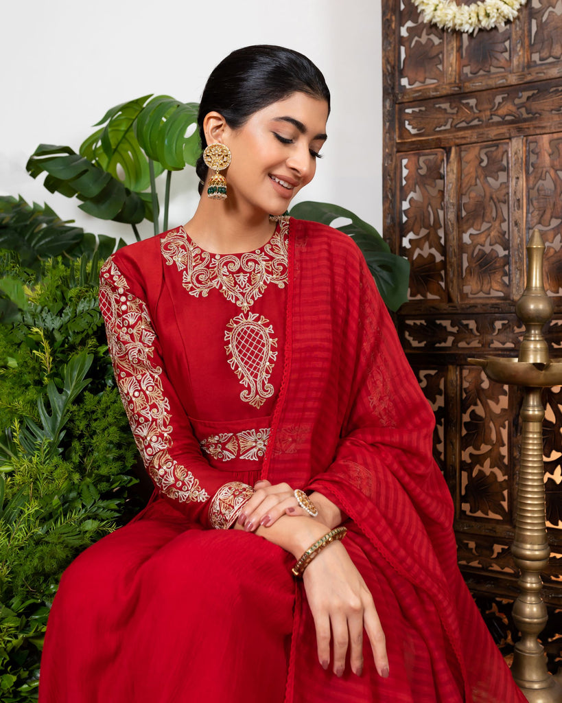 Red Anarkali with embroidered yoke, sleeves closeview