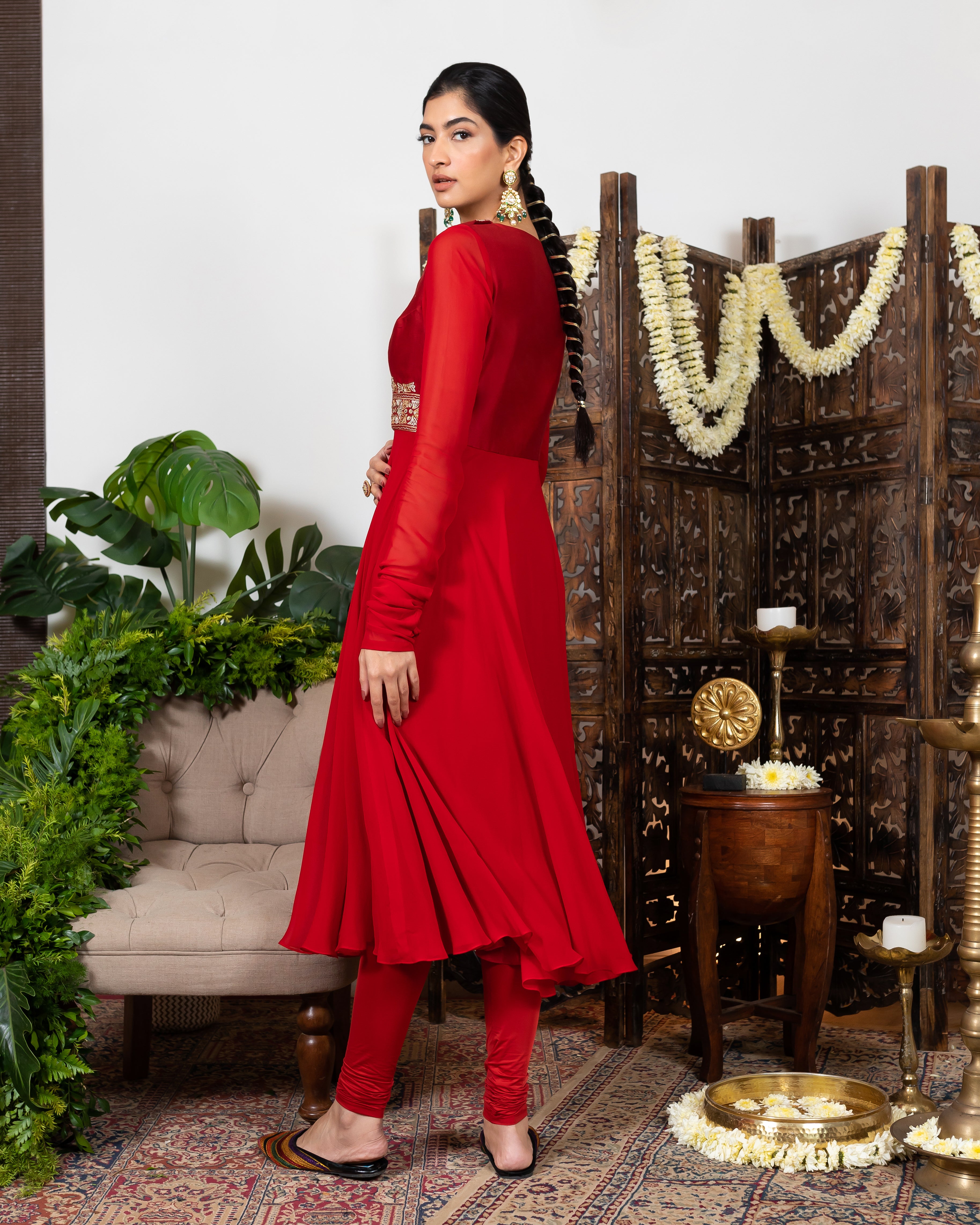 Red Embroidered Anarkali Set sideview