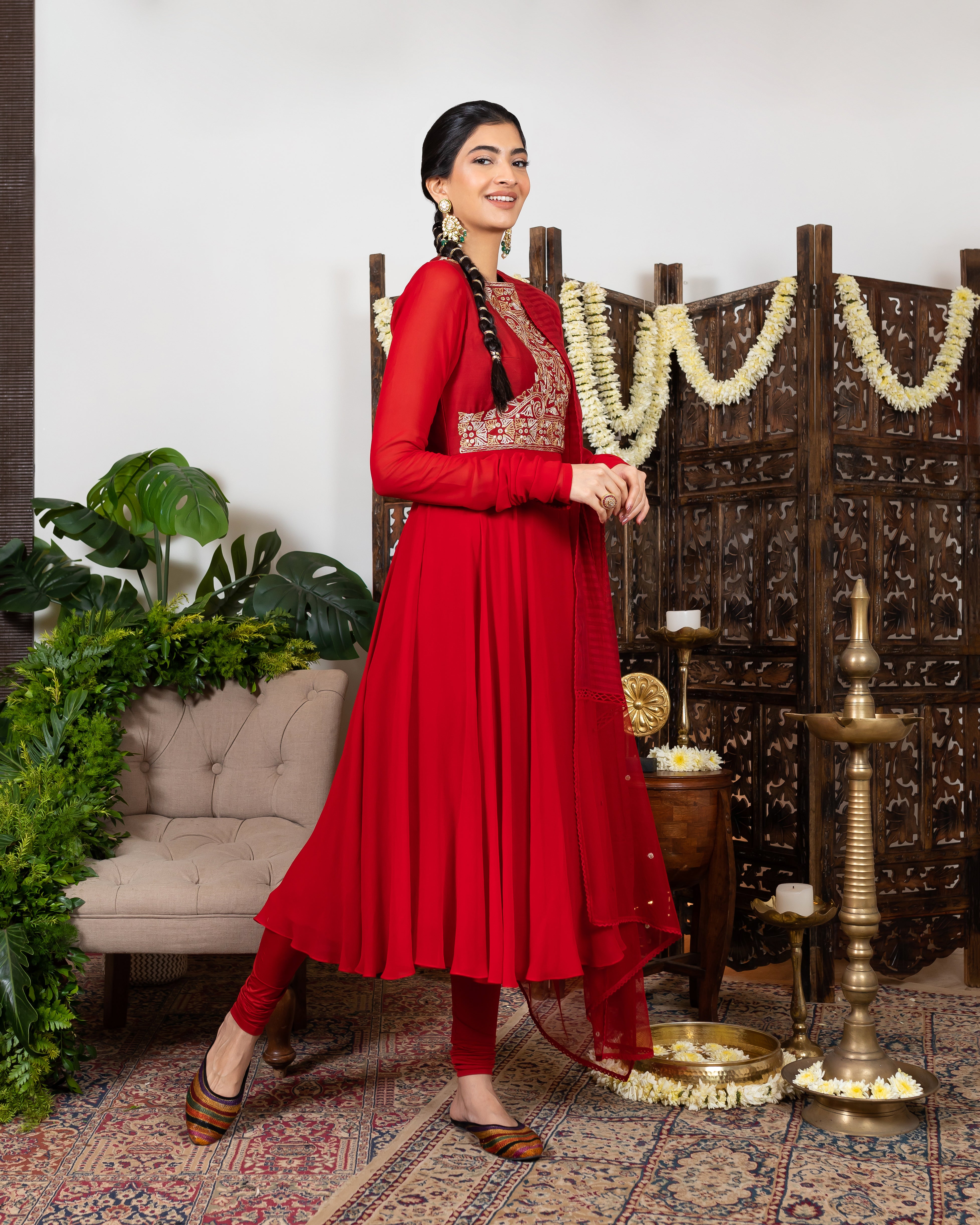 Red Embroidered Anarkali Set sideview