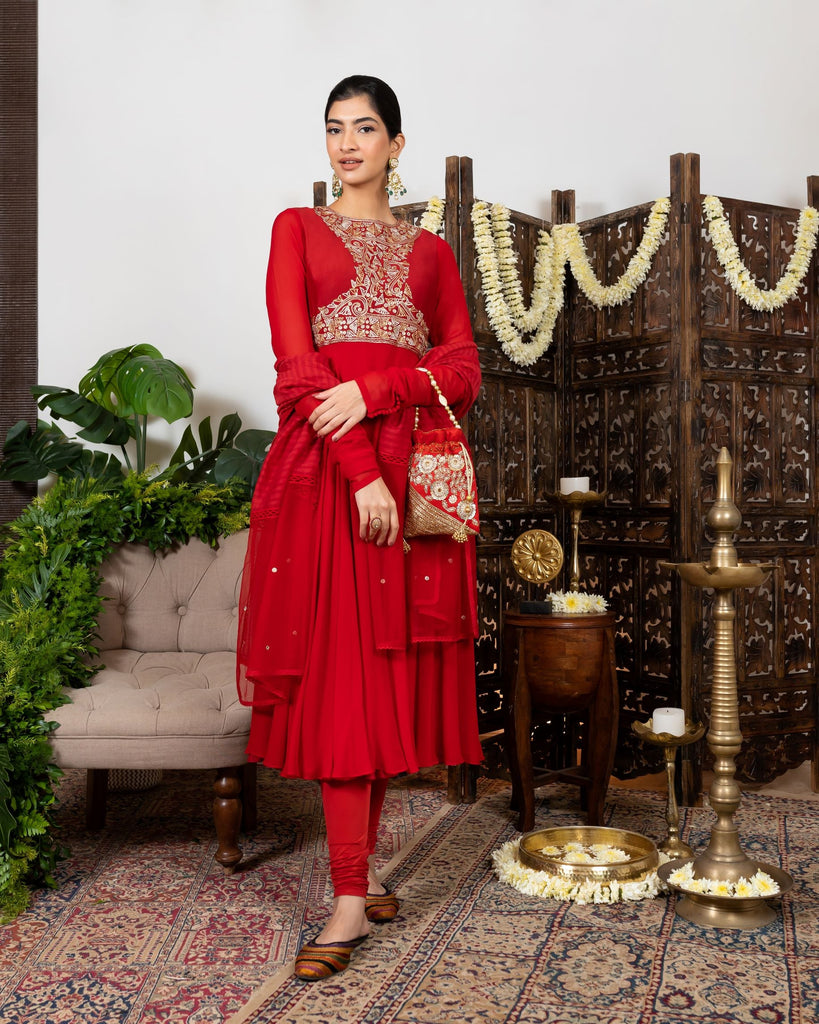 Red Embroidered Anarkali Set frontview