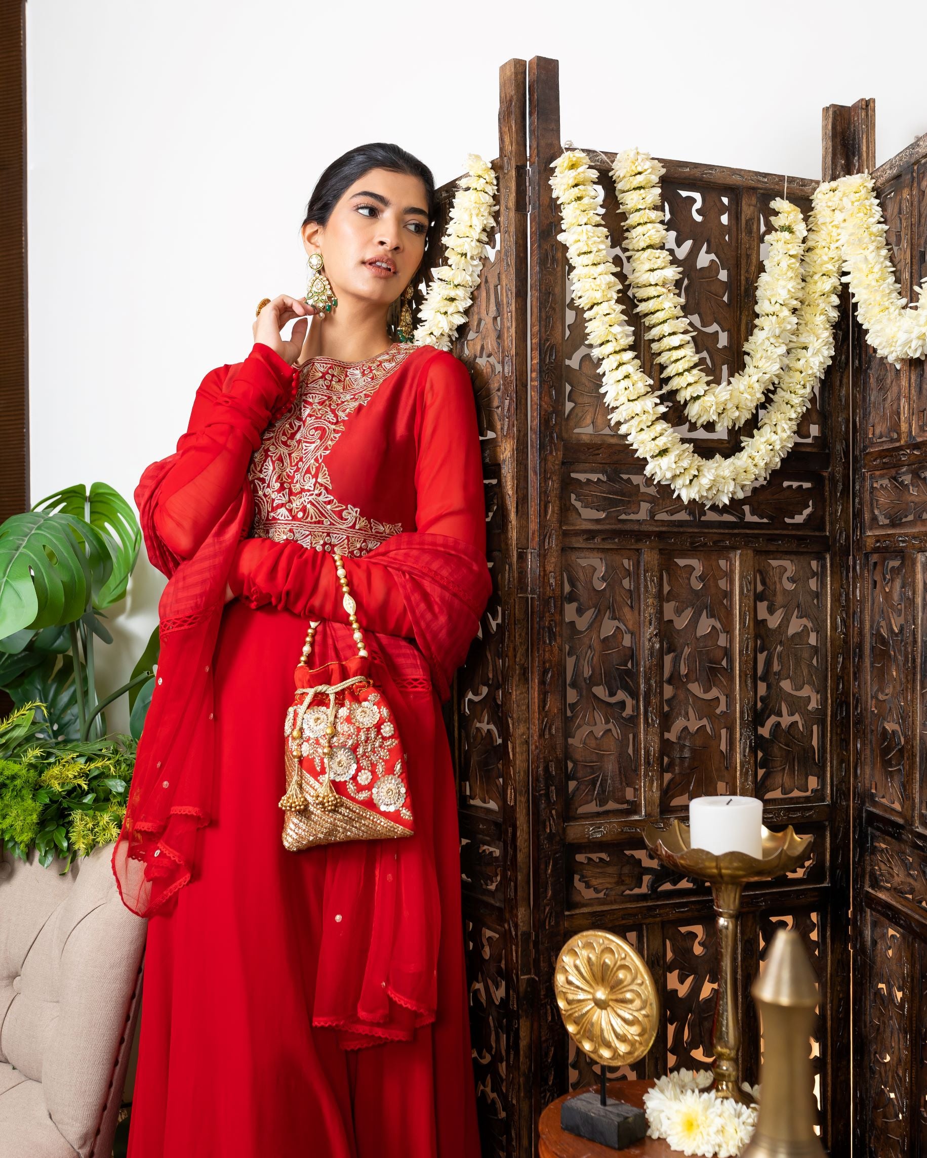 Red Embroidered Anarkali Set