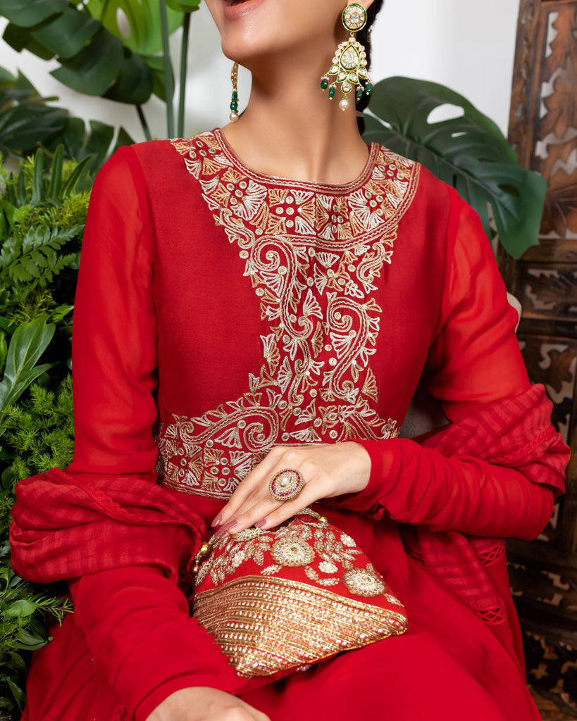 Red Embroidered Anarkali Set closeview
