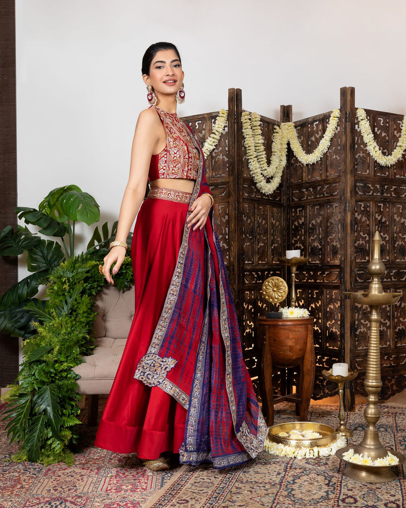 Red Lehenga in chanderi with embroidered waistline.  sideview