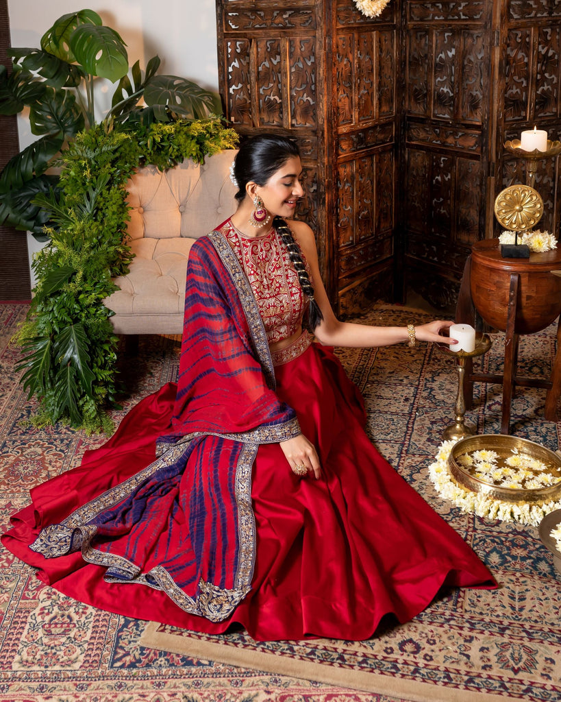 Red Lehenga in chanderi with embroidered waistline
