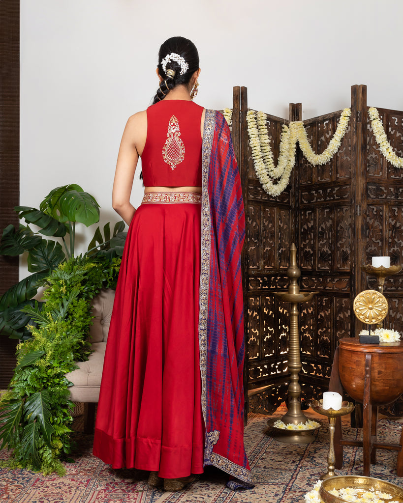 Red Lehenga in chanderi with embroidered waistline.  backview
