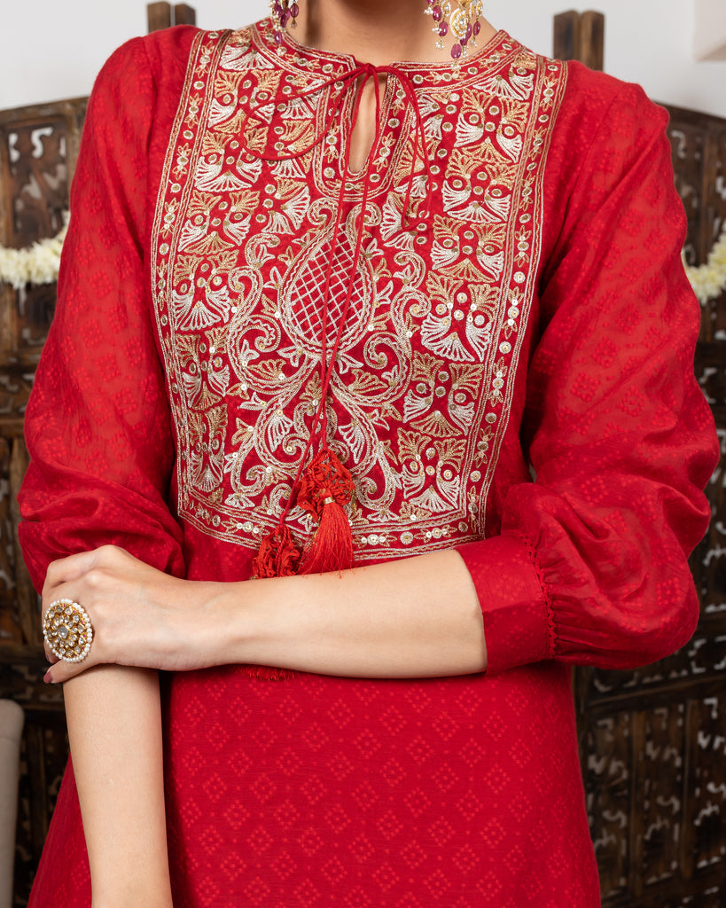 Red knee length kurta with embroidered yoke and tassles tie-up closeciew