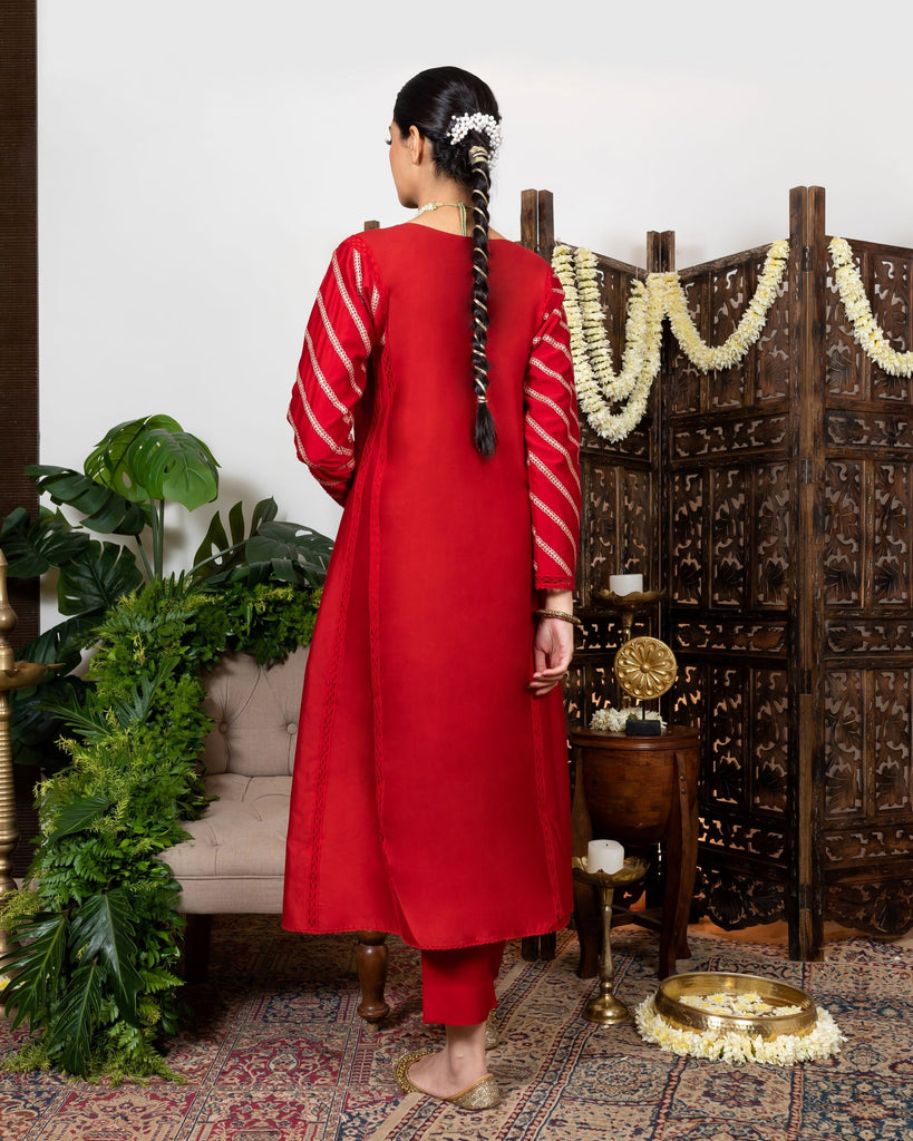 Red kalidar kurta with embroidered yoke  backview