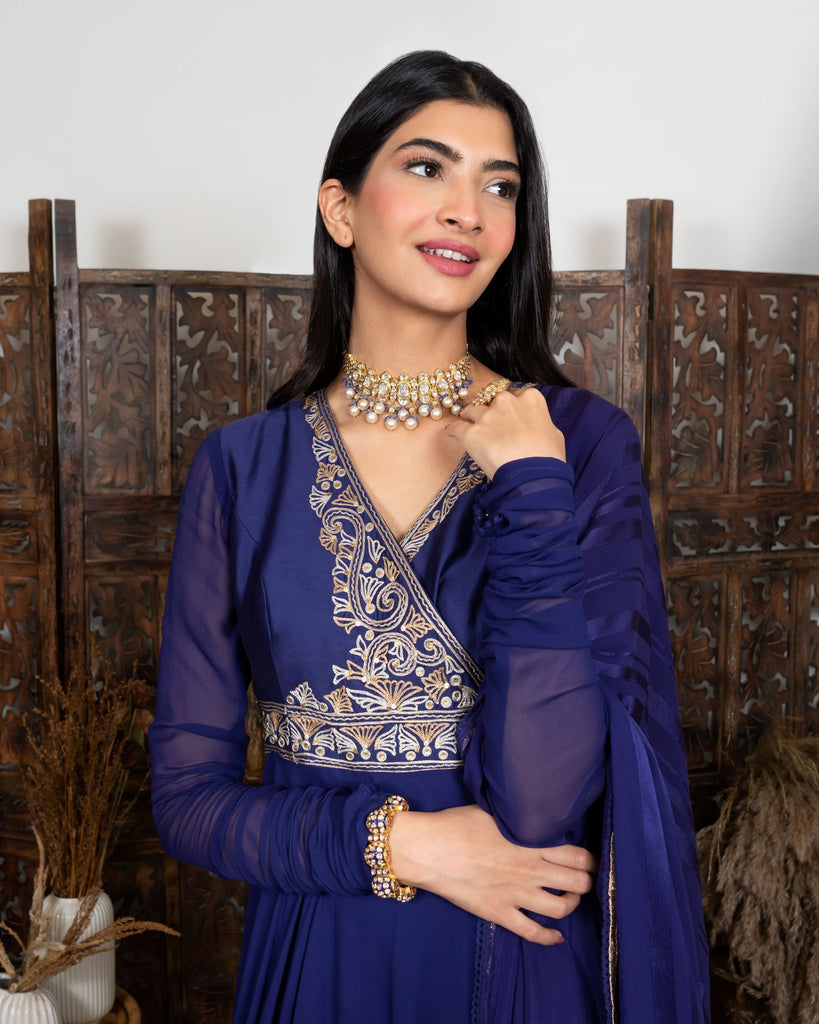 Royal Blue Angarkha style Anarkali with embroidered yoke