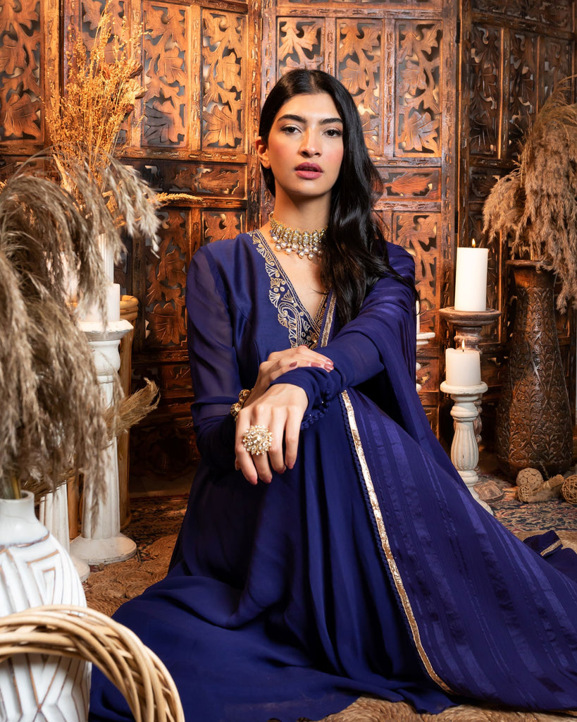 Royal Blue Angarkha style Anarkali with embroidered yoke