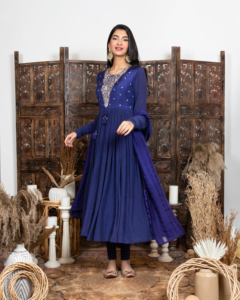 Royal Blue Embroidered Anarkali Set