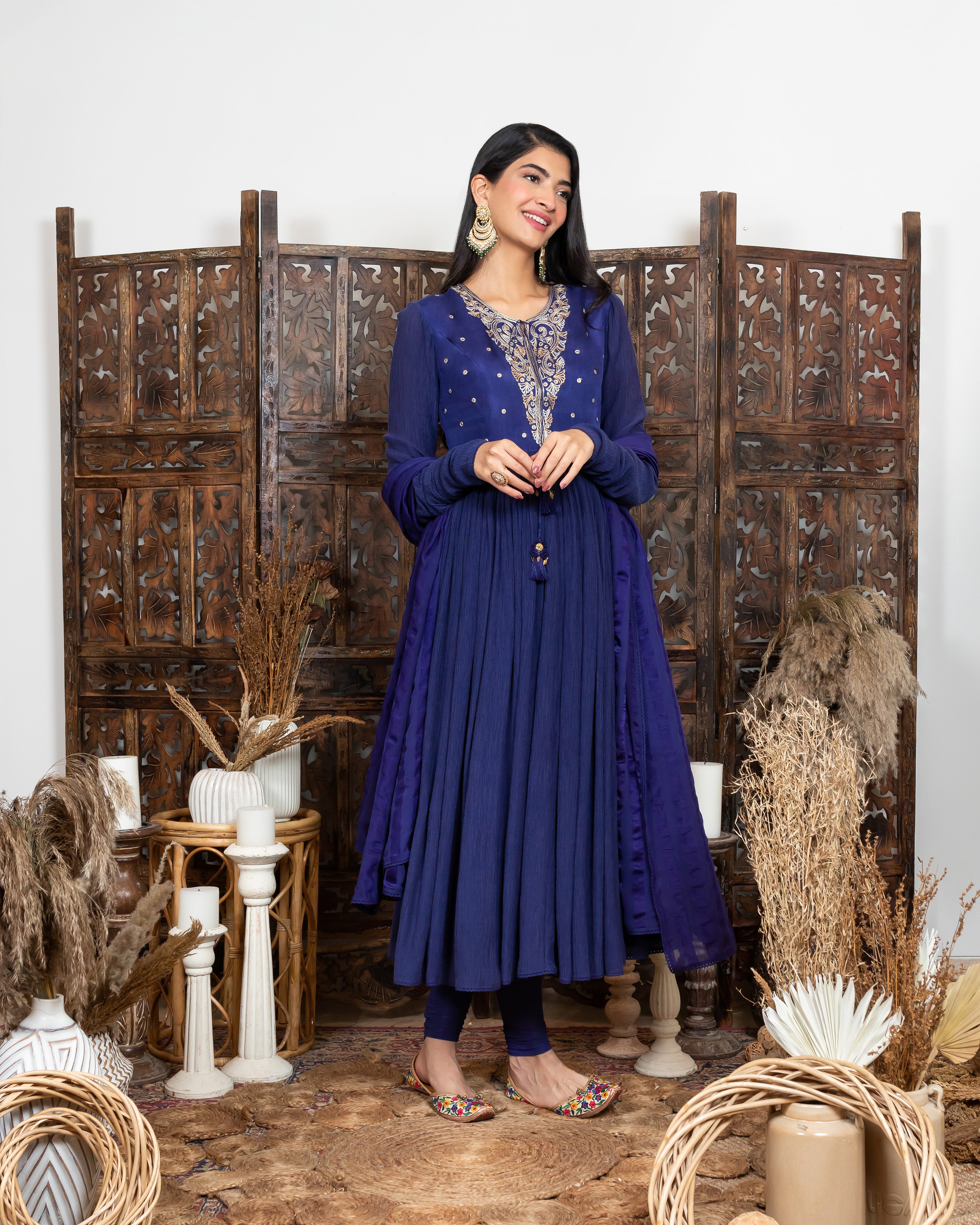 Royal Blue Embroidered Anarkali Set frontview