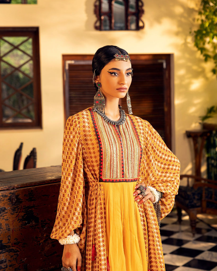 Women's Yellow Printed & Embroidered Dress