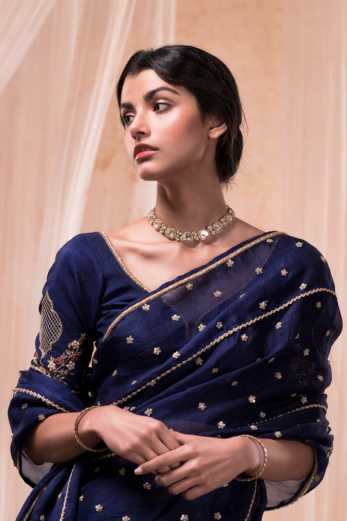 Royal Blue Embroidered Saree Closeview