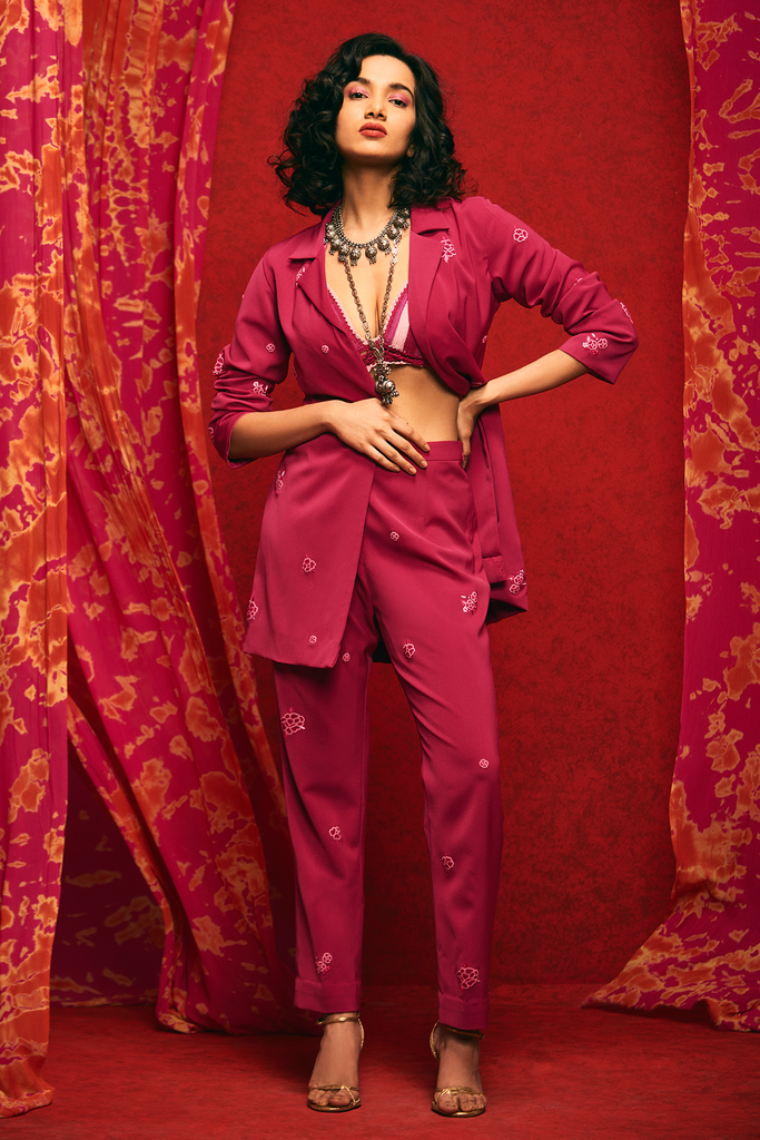 Burgandy pant suit with garo work embroidery