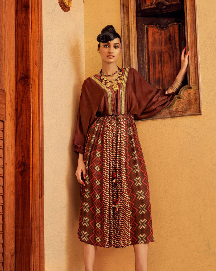 Brown Printed  & Embroidered Dress Frontview