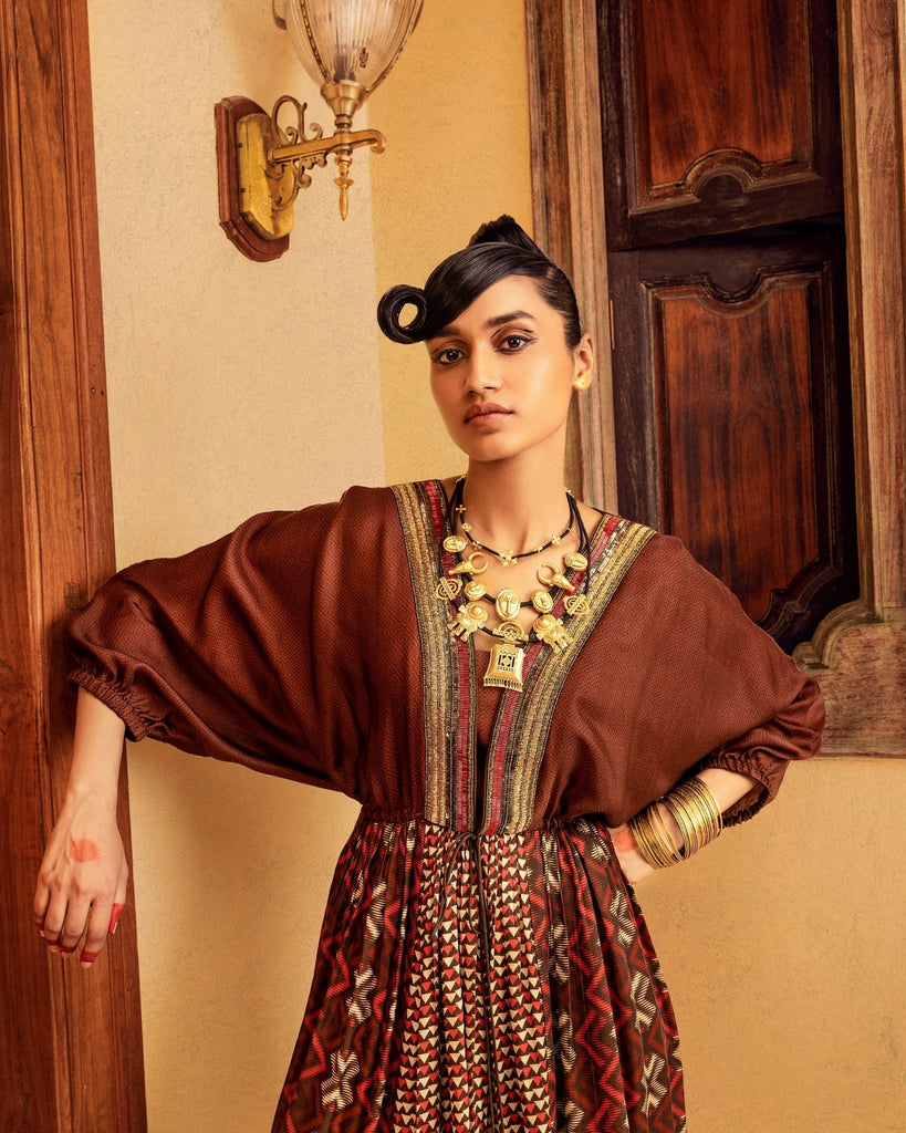 Brown Printed & Embroidered Dress Frontview