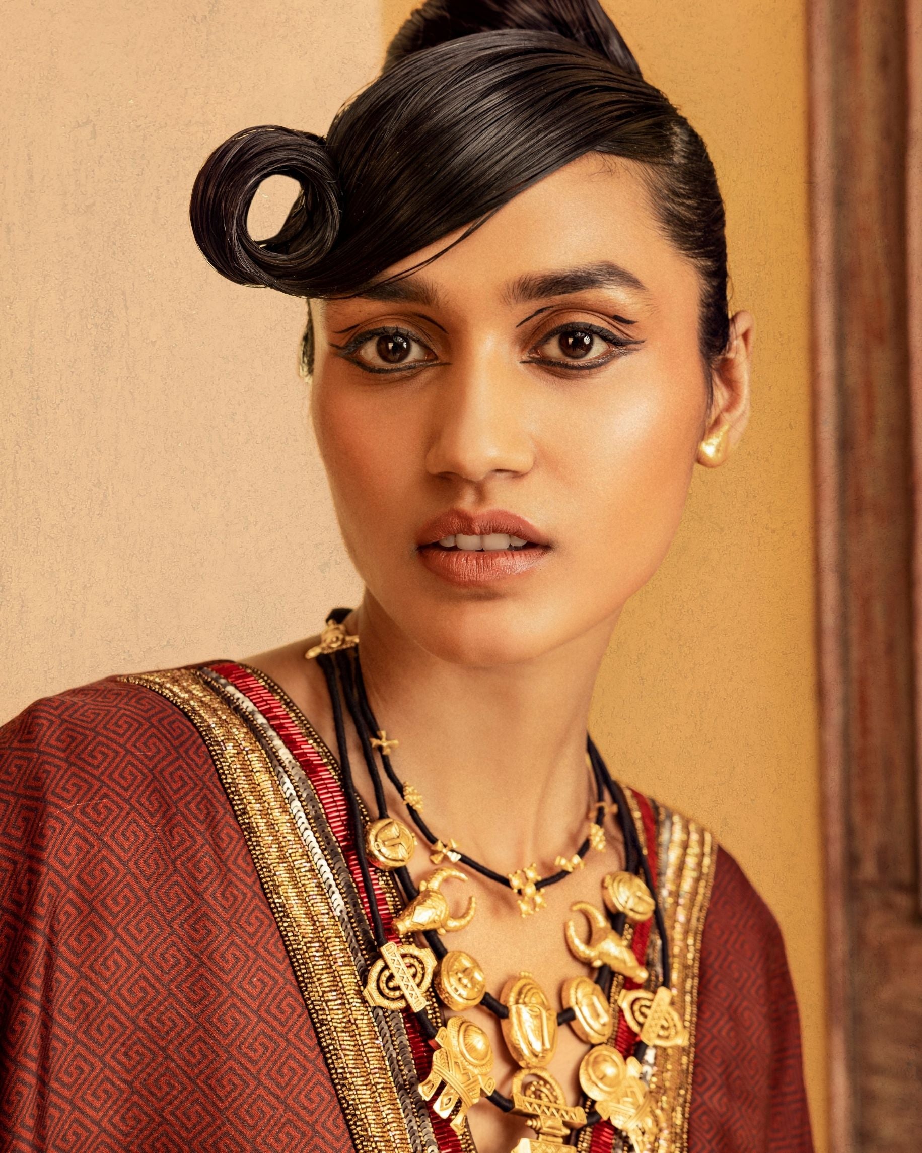 Brown Printed & Embroidered Dress Frontview