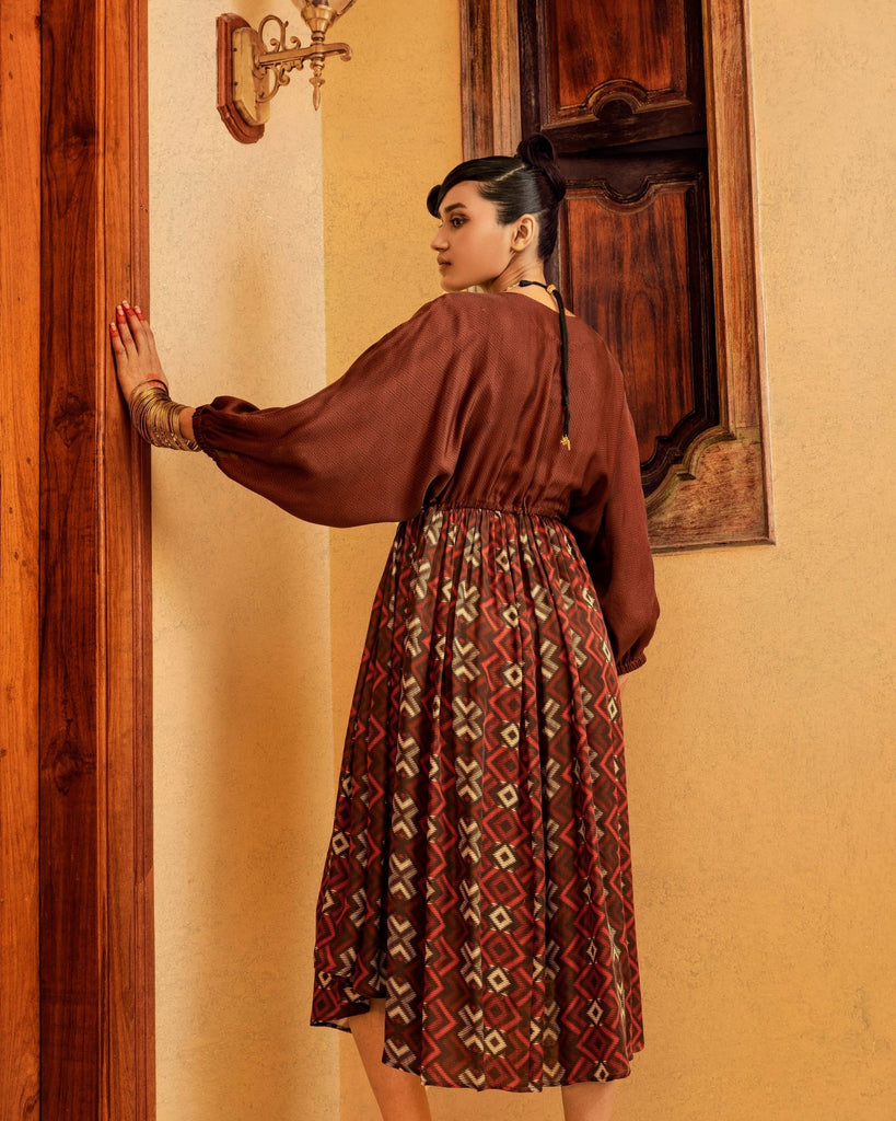 Brown Printed & Embroidered Dress Closeview