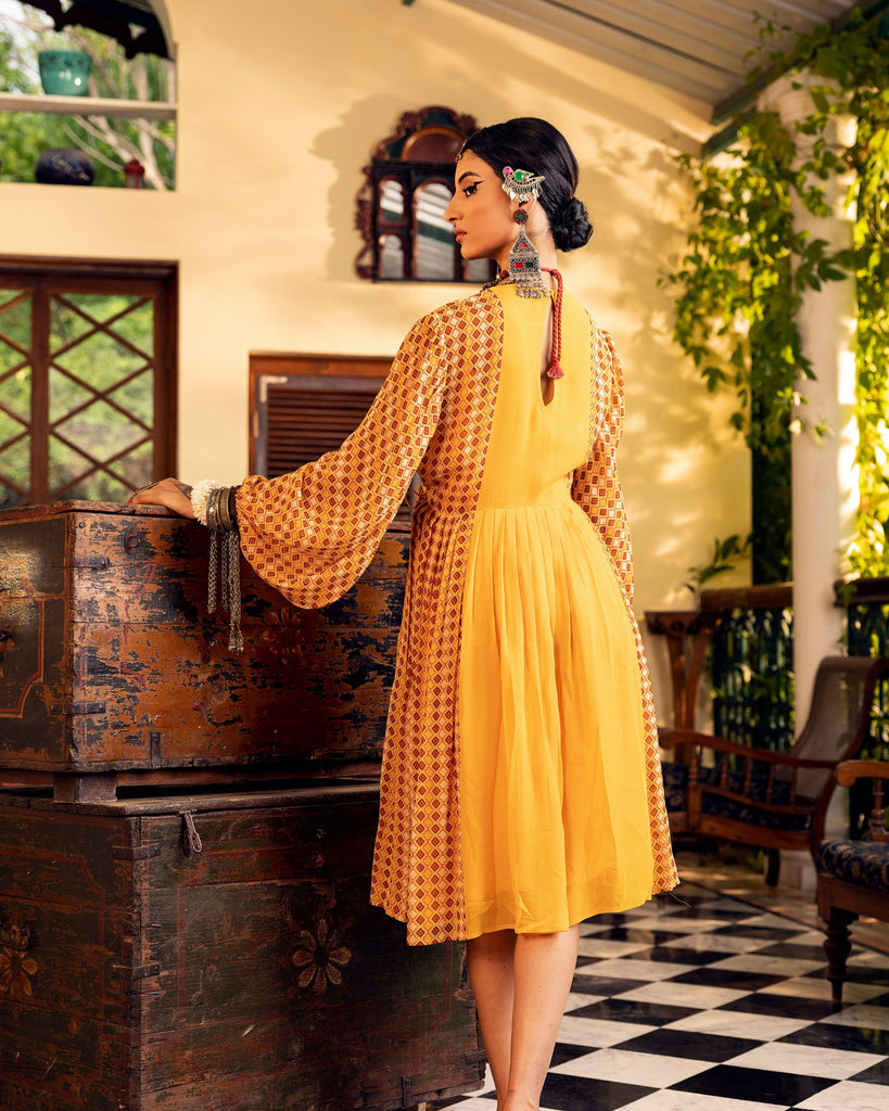 Women's Yellow Printed & Embroidered Dress Backview