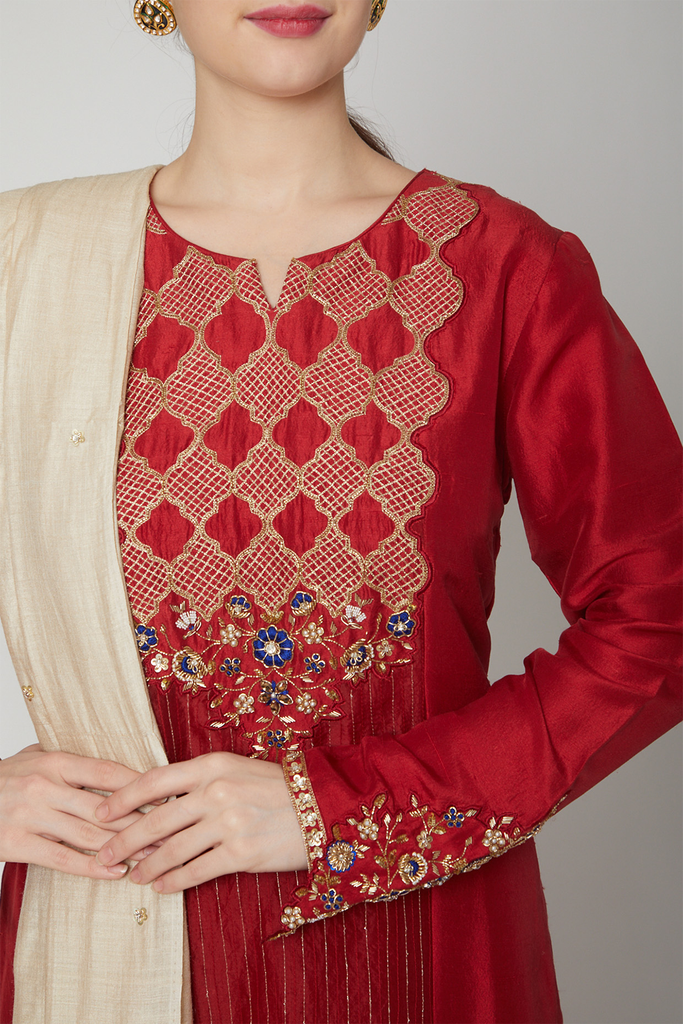 Red Anarkali with straight pants Frontview