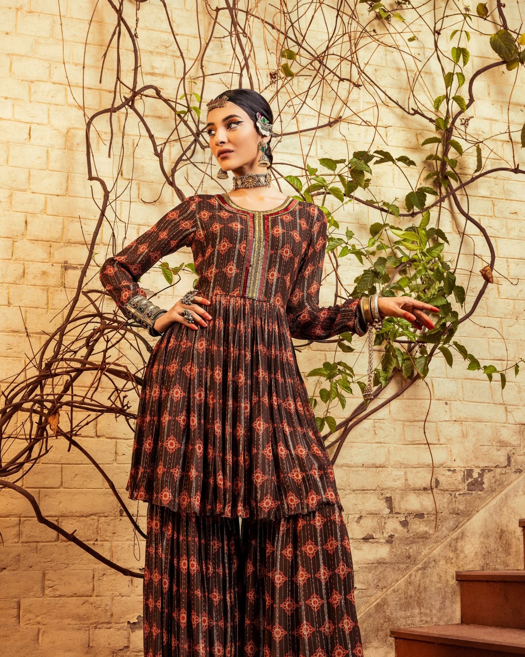 Brown Printed  & Embroidered Kurta set